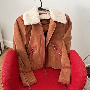 Blank NYC Tan Suede Bomber Jacket with Shearling Collar